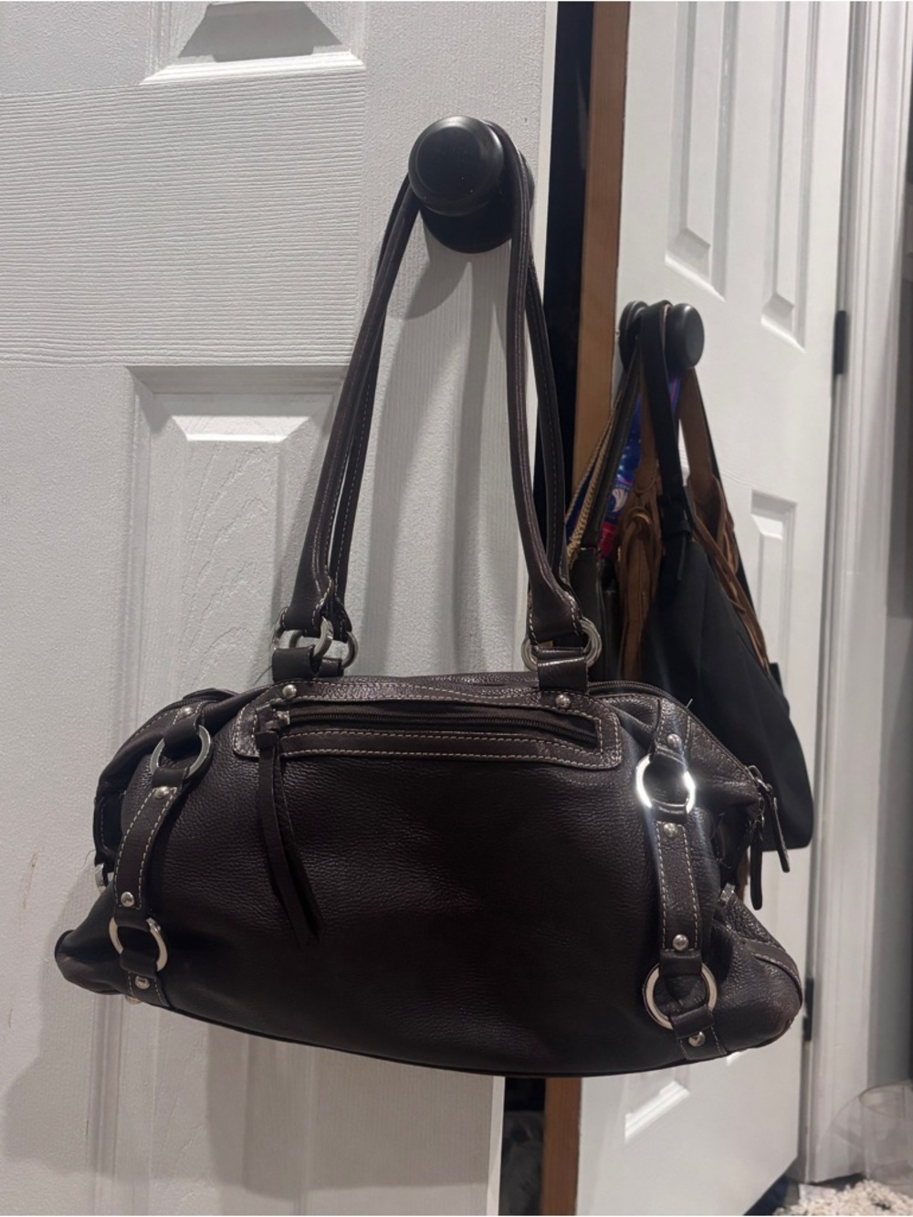 Nine West Chocolate Brown Leather Satchel with Silver Hardware
